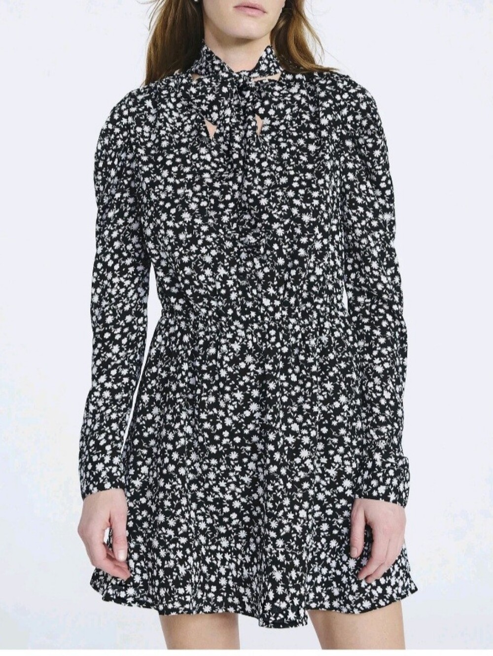 Scoop Black & White Floral Tie-Neck Long Sleeve Mini Dress Size M (8-10)